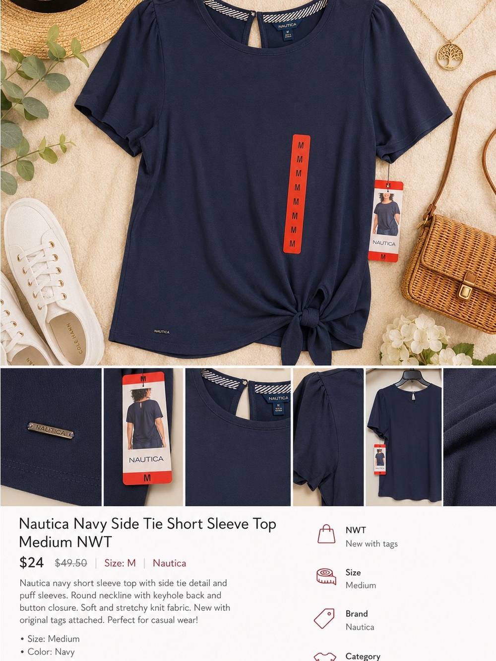 Nautica Navy Side Tie Short Sleeve Top Medium NWT - Picture 8 of 8